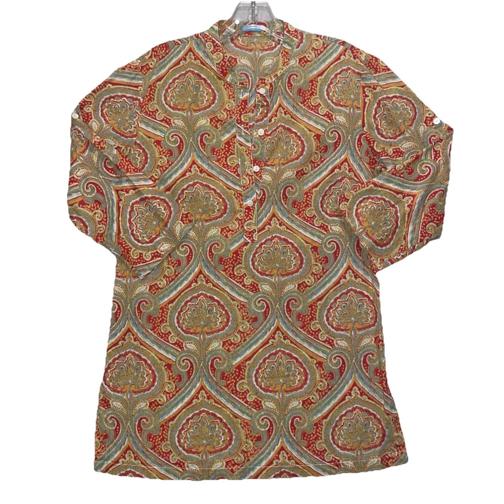 J. McLaughlin SMALL Teal Orange‎ Mandarin Collar Cotton Paisley 3/4 Sleeve Tunic